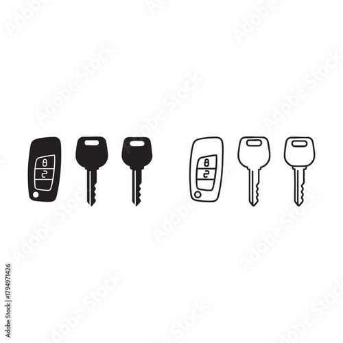Black Silhouette and Outline of Car Keys and Fobs on White vector illutrastion transparent background