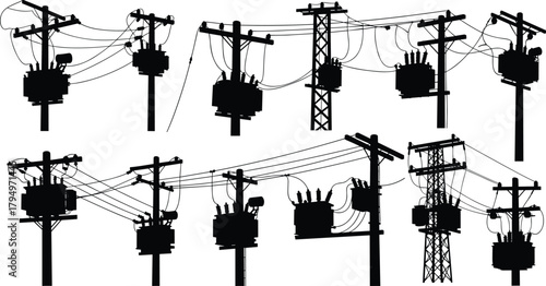Silhouette vector illustration of electrical transformers on utility poles—power grid infrastructure, voltage system, energy distribution network layout for engineering reference