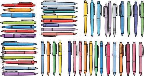 Collection of Colorful Pens and Markers Organized by Type and Color on White Background