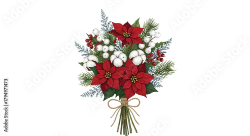 Farmhouse Christmas Floral Bouquet illustration with Red Poinsettia, Cotton & Berries