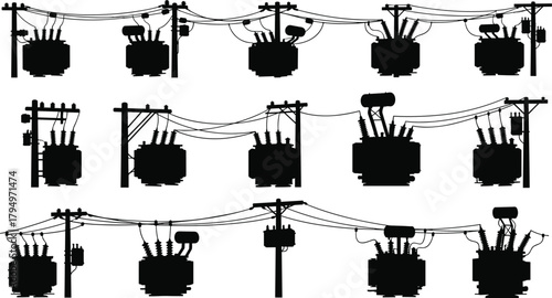 Silhouette vector illustration of electrical transformers on utility poles—power grid infrastructure, voltage system, energy distribution network layout for engineering reference