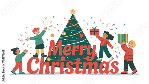 Festive Holiday Cheer: Children gathered around a decorated tree, exchanging presents, with the holiday greeting Merry Christmas shining bright.