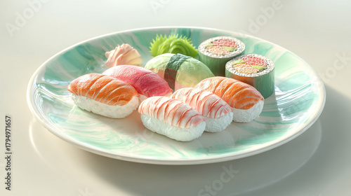 Assorted sushi pieces on a patterned plate including nigiri rolls and ginger garnish