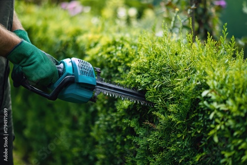 Close-up of gardener's hands in green gloves using electric hedge trimmer on evergreen shrubs.