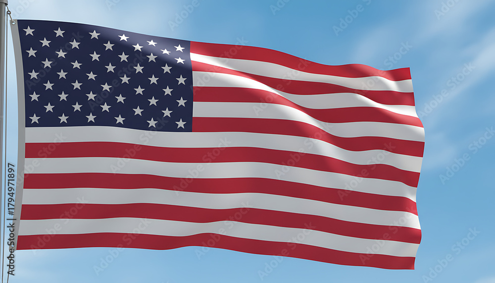Obraz premium American flag waving gently against a clear blue sky with few clouds on a sunny day outdoors