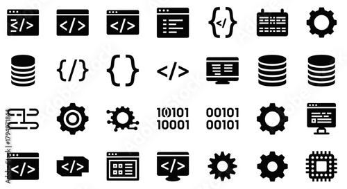 Collection of black and white icons representing coding, programming, and software development symbols.
