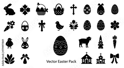 Easter vector pack featuring bunny, eggs, cross, basket, flowers, carrot, lamb, chick, bow, and church icons in black silhouette.