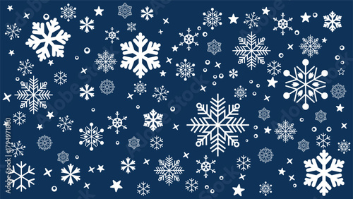 Seamless winter background featuring various sizes of scattered white snowflakes on a blue background. Simple and cold-toned vector pattern ideal for Christmas, New Year, holiday promotions.	