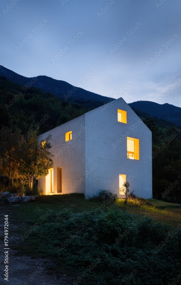 Fototapeta premium A modern house is set in a mountainous landscape during dusk.