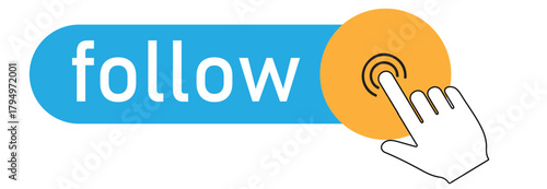 Click the follow button a hand is clicking on a round orange button next to a blue follow button social media concept for increasing followers