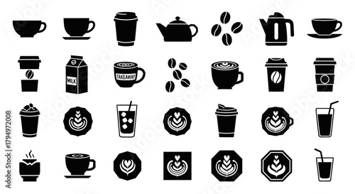 Collection of various coffee-related icons, including cups, beans, and latte art.