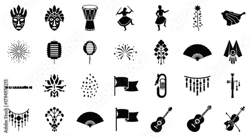 Collection of diverse cultural icons and symbols presented in black and white.