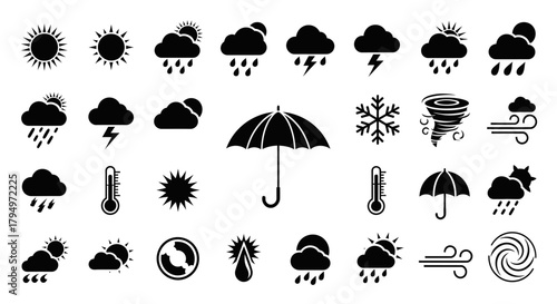 A collection of weather icons depicting various conditions, including sun, rain, and storms.