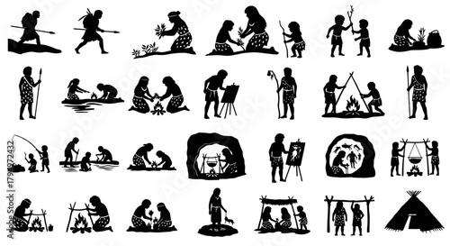 Silhouetted illustrations depicting prehistoric human activities, including hunting, crafting, teaching, fishing, and domestic life around fire and cave dwellings.