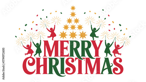 Festive Cheer and Holiday Sparkle: A merry illustration of Merry Christmas, adorned with playful characters holding sparklers and a festive star-shaped tree, radiating joy and seasonal greetings.