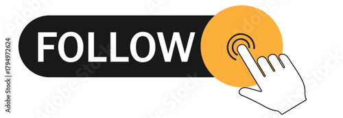 Follow button with hand cursor the design features a black button with the word follow in white letters, accompanied by a hand cursor clicking on a yellow circle