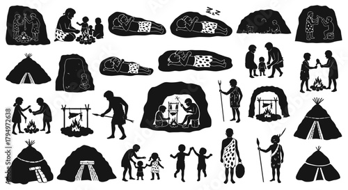 Silhouette illustrations depict prehistoric human life, including cave paintings, fire making, family interactions, and shelter construction.