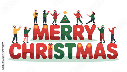 Holiday Cheer: A whimsical illustration captures a vibrant festive scene, featuring a jubilant gathering of individuals playfully interacting with holiday lettering.