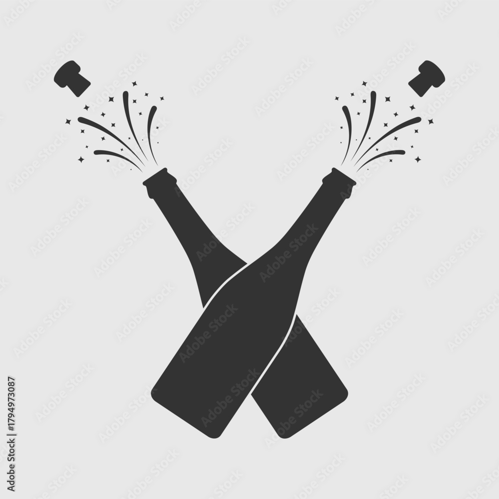 Obraz premium Two bottles of champagne open graphic icon. Splashes of champagne from open bottles isolated sign on white background. Vector illustration