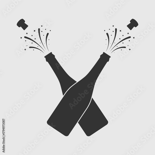Two bottles of champagne open graphic icon. Splashes of champagne from open bottles isolated sign on white background. Vector illustration