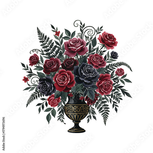 Dark watercolor Floral Arrangement of Red and Black Roses in an Ornate Urn vector illutrastion transparent background