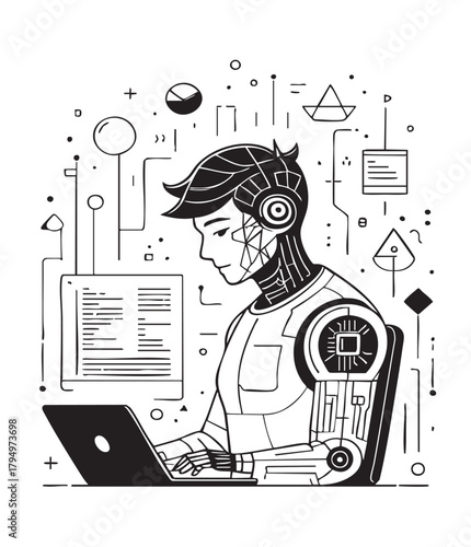 Business computer work set symbol illustration: cartoon vector doodle sketch of man, woman, and girl with laptops at home office web internet