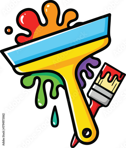 Yellow Paint Scraper with Colorful Splashes and Small Paintbrush Illustration