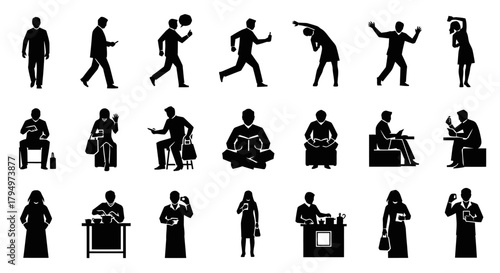 Silhouetted figures in various poses, depicting different activities and actions.