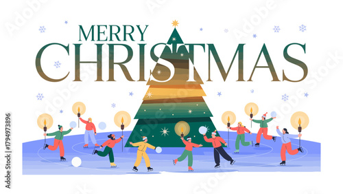 Festive Celebration: Capturing the spirit of Christmas, joyful figures gather around a vibrant tree, each holding a glowing light, creating a scene of warmth, unity, and shared happiness.