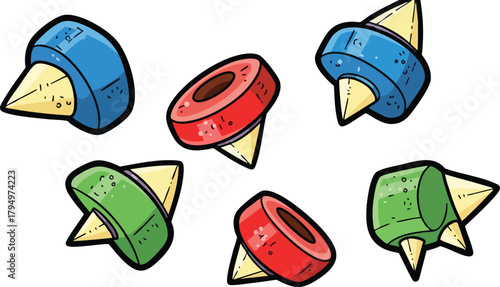 Assortment of colorful cartoon thumbtacks with sharp points in blue red and green scattered across white background