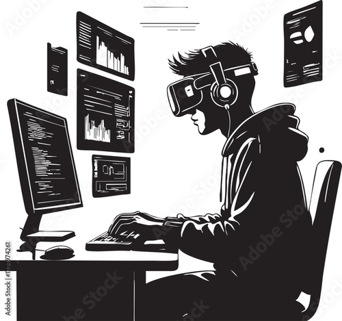Man working on laptop at office desk cartoon illustration
