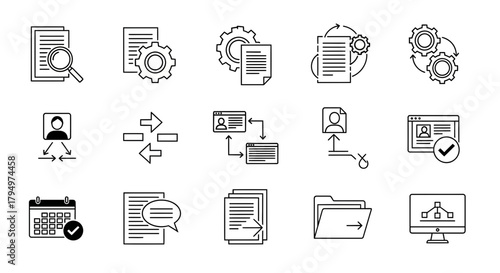 Modern business icons representing workflow, data, and management processes, perfect for digital presentations and applications.