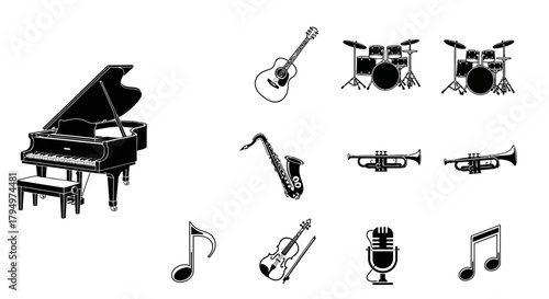 Dynamic collection of musical instruments and symbols for vibrant audio projects and creative designs
