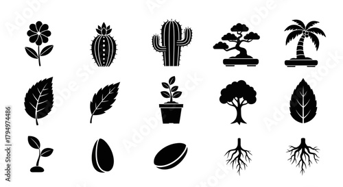 Vibrant botanical icons showcasing diverse plant life from delicate flowers to robust trees and intricate roots, perfect for nature and growth themes
