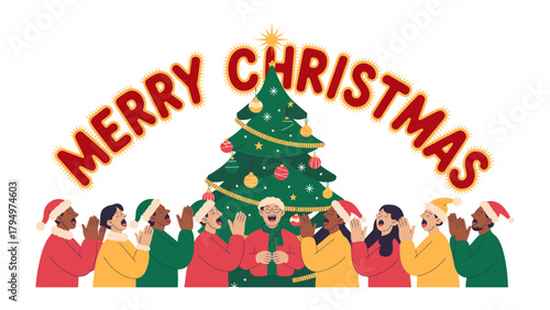 Joyful Christmas Chorus: A group of diverse people in winter attire sing carols around a festively adorned evergreen tree, celebrating the joy of the holiday season. 