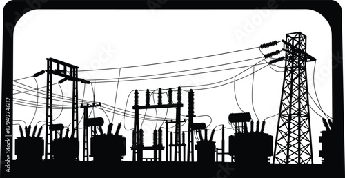 Silhouette vector illustration of electrical substation with transformers and towers—power grid infrastructure, voltage system, energy distribution network layout design