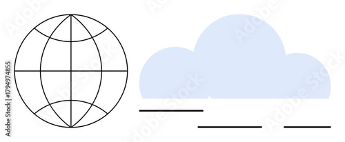 Globe with grid outline next to minimalist cloud and lines representing data. Ideal for technology, cloud computing, networking, global data sharing, connectivity, IT infrastructure, simple flat