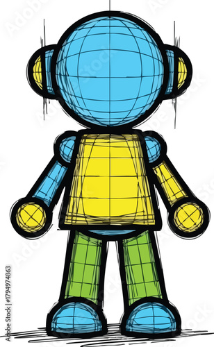 Cartoon robot character with blue head yellow shirt and green pants standing against a white background