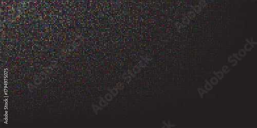 Bright rainbow dot matrix pattern with dense scattered circles on a dark backdrop.