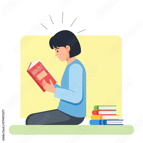 A person is sitting and reading a book with a stack of books nearby.