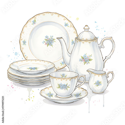 Elegant Porcelain Tea Set with Blue Forget- Me- Not Flowers and vector illutrastion transparent background