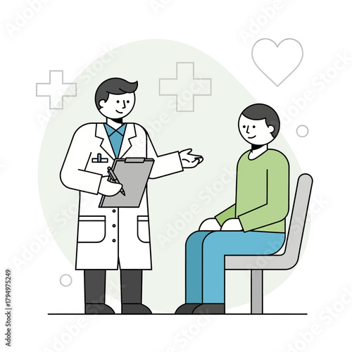 Vector illustration of a friendly doctor in a white coat consulting with a male patient sitting on a chair in a clinic.