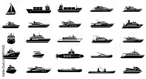 A collection of various boat and ship silhouettes, showcasing different vessel types.