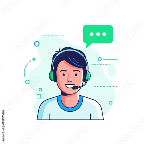 A smiling young man wearing a headset with a microphone, representing customer service or technical support.