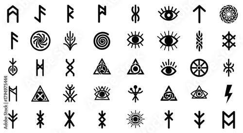 An array of various mystical symbols and runes displayed in a grid-like arrangement.