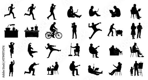 Silhouette collection showing various people engaged in diverse activities like running, cycling, working, playing music, and interacting.