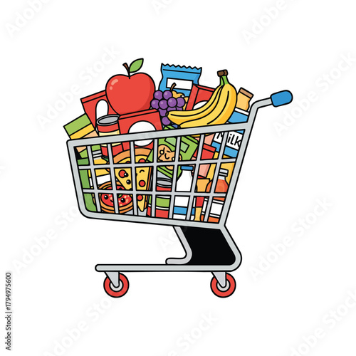 Grocery Shopping Cart Filled With Assorted Food Items and Produce vector illutrastion transparent background