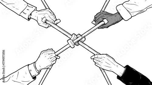 Diverse hands holding interconnected sticks, symbolizing collaborative teamwork, unity, support, connection, and problem-solving concept.