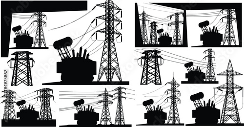 Silhouette vector illustration of electrical transformers and transmission towers—power grid infrastructure, voltage system, energy distribution network layout for engineering and planning