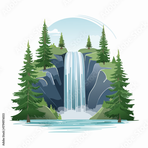Scenic Waterfall Illustration Serene Landscape with Flowing Water, Green Trees, and Nature's Beauty